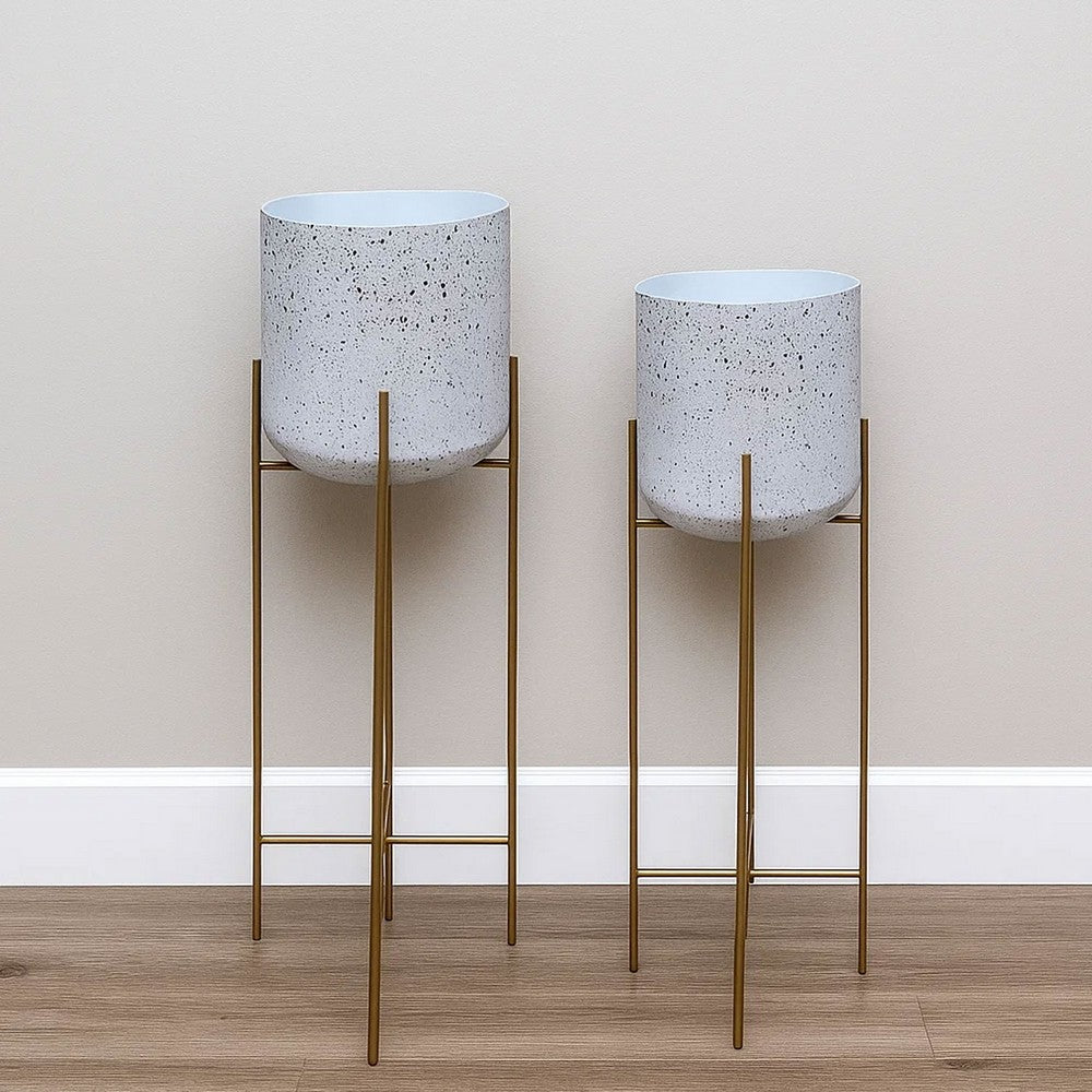 Aira 39, 46" Tall Planters Set of 2 | Gold Foldable Metal Stand | White Speckled Pattern By The Urban Port