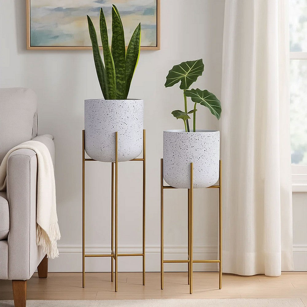 Aira 39, 46" Tall Planters Set of 2 | Gold Foldable Metal Stand | White Speckled Pattern By The Urban Port