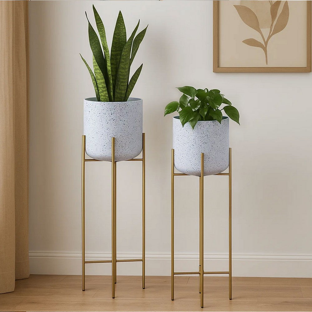 Aira 39, 46" Tall Planters Set of 2 | Gold Foldable Metal Stand | White Speckled Pattern By The Urban Port