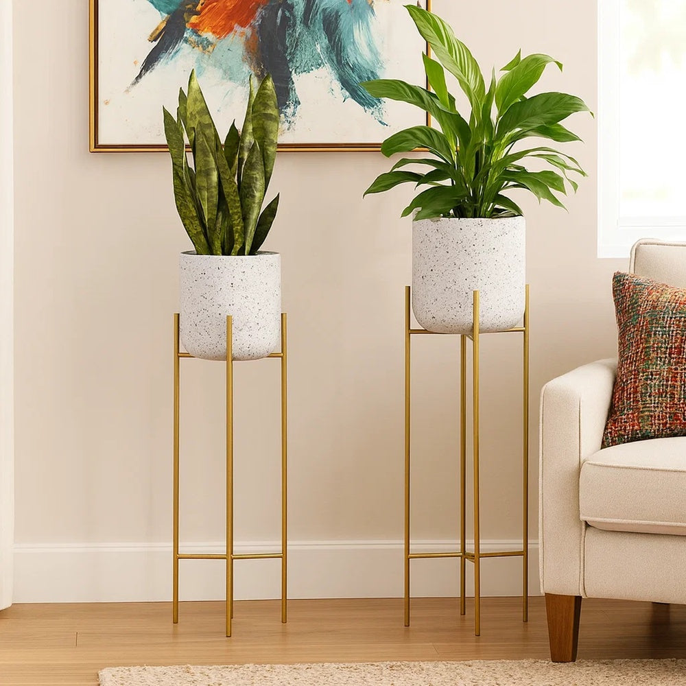 Aira 39, 46" Tall Planters Set of 2 | Gold Foldable Metal Stand | White Speckled Pattern By The Urban Port