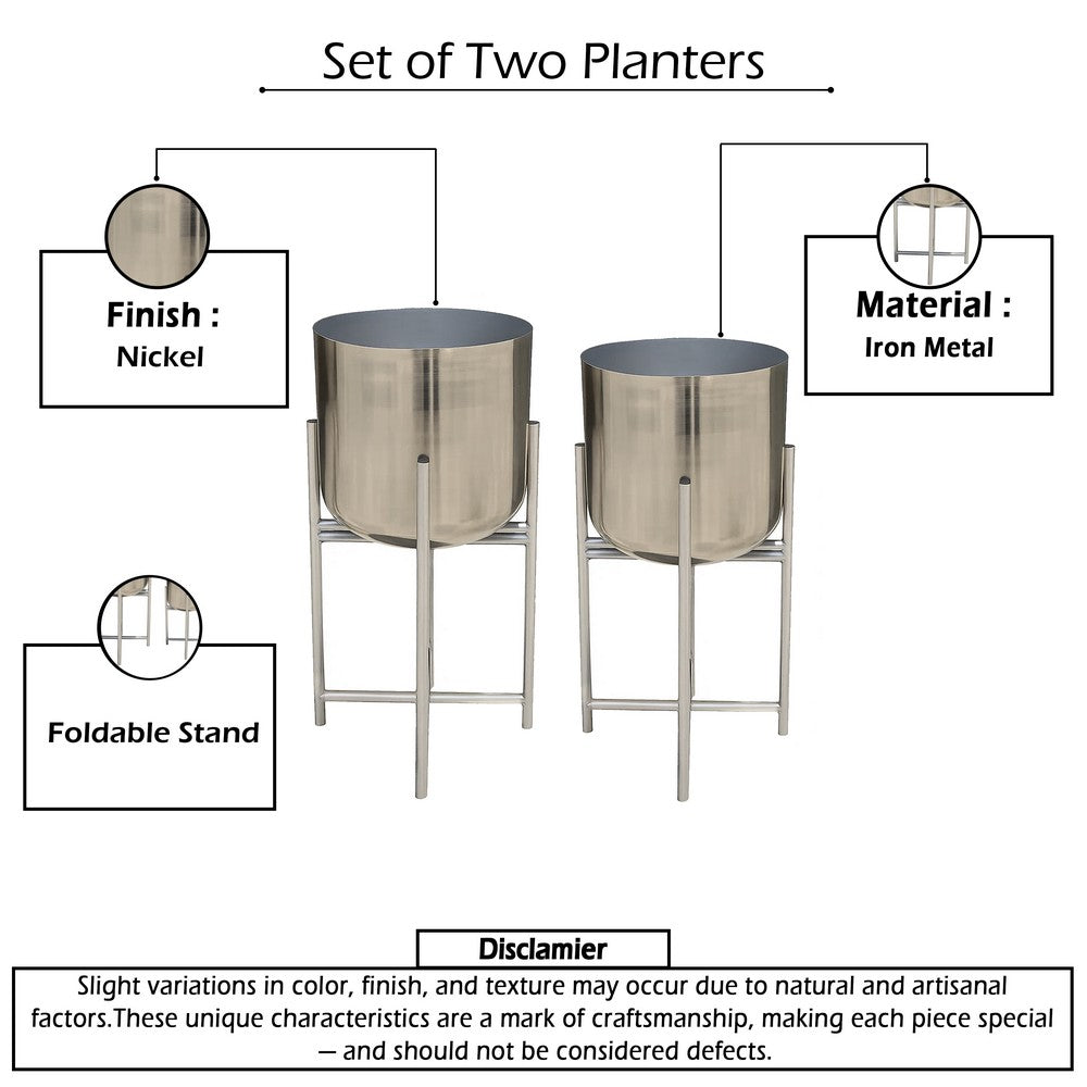 Aira Set of 2 Planters | 19, 22" Tall | Foldable Iron Stand | Nickel Finish By The Urban Port