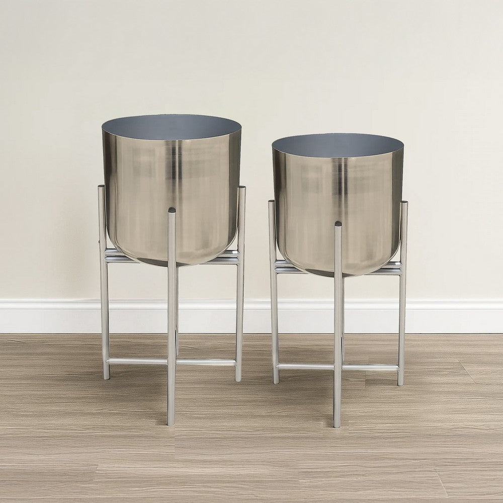 Aira Set of 2 Planters | 19, 22" Tall | Foldable Iron Stand | Nickel Finish By The Urban Port