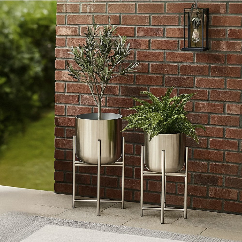 Aira Set of 2 Planters | 19, 22" Tall | Foldable Iron Stand | Nickel Finish By The Urban Port