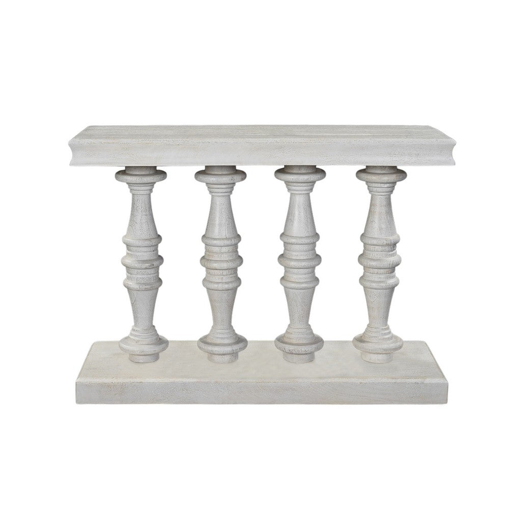 Sofa Console Table, 42 Inch Top, Sandlasted Washed White Mango Wood, Turned Pillar Legs By The Urban Port