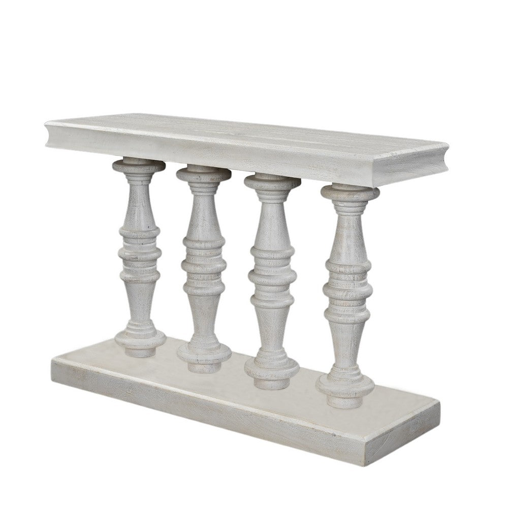 Sofa Console Table, 42 Inch Top, Sandlasted Washed White Mango Wood, Turned Pillar Legs By The Urban Port