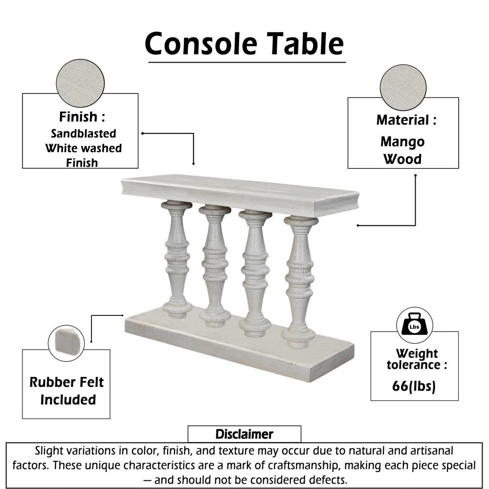 Sofa Console Table, 42 Inch Top, Sandlasted Washed White Mango Wood, Turned Pillar Legs By The Urban Port