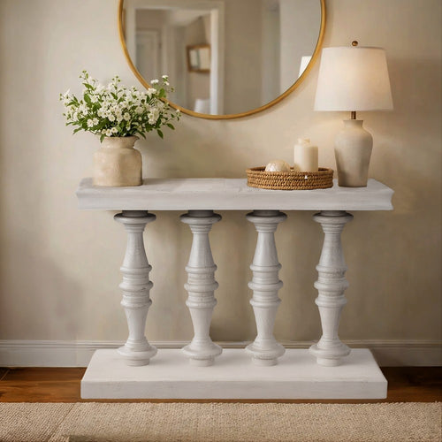 Sofa Console Table, 42 Inch Top, Sandlasted Washed White Mango Wood, Turned Pillar Legs By The Urban Port