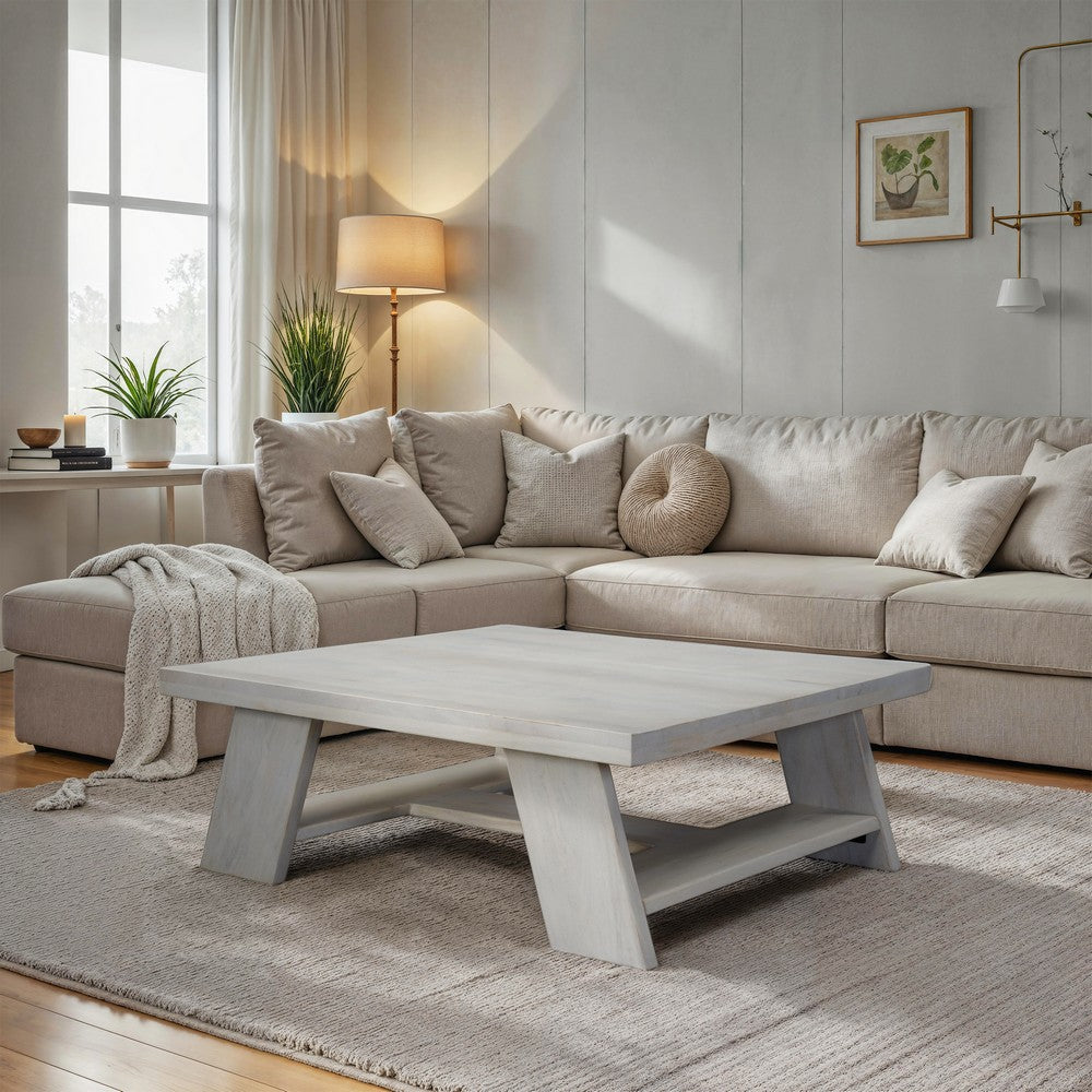 Aya 40’’ Square Coffee Table | Biscotti White Mango Wood | Bold Angled Legs By The Urban Port UPT-332349