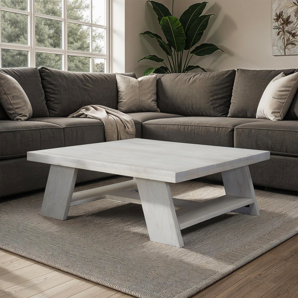 Aya 40" Square Coffee Table | Biscotti White Mango Wood | Bold Angled Legs By The Urban Port