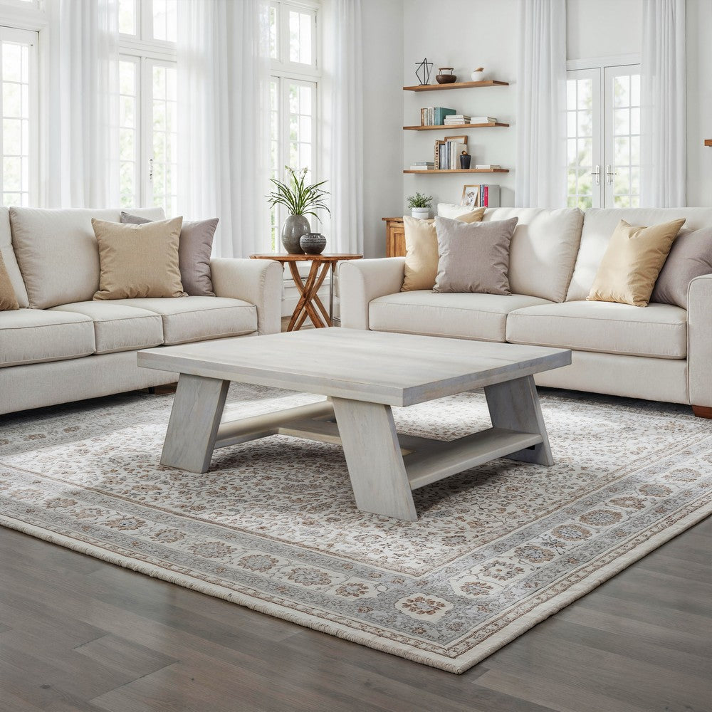 Aya 40’’ Square Coffee Table | Biscotti White Mango Wood | Bold Angled Legs By The Urban Port UPT-332349