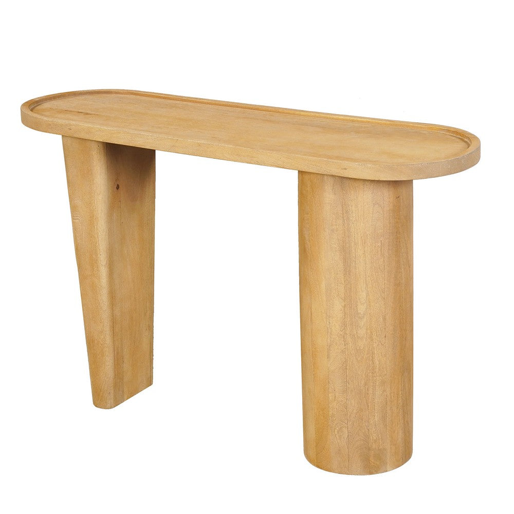 Sofa Console Table, 47 Inch Raised Edge Oval Shape Tray Top, Sandblasted Natural Brown Mango Wood By The Urban Port