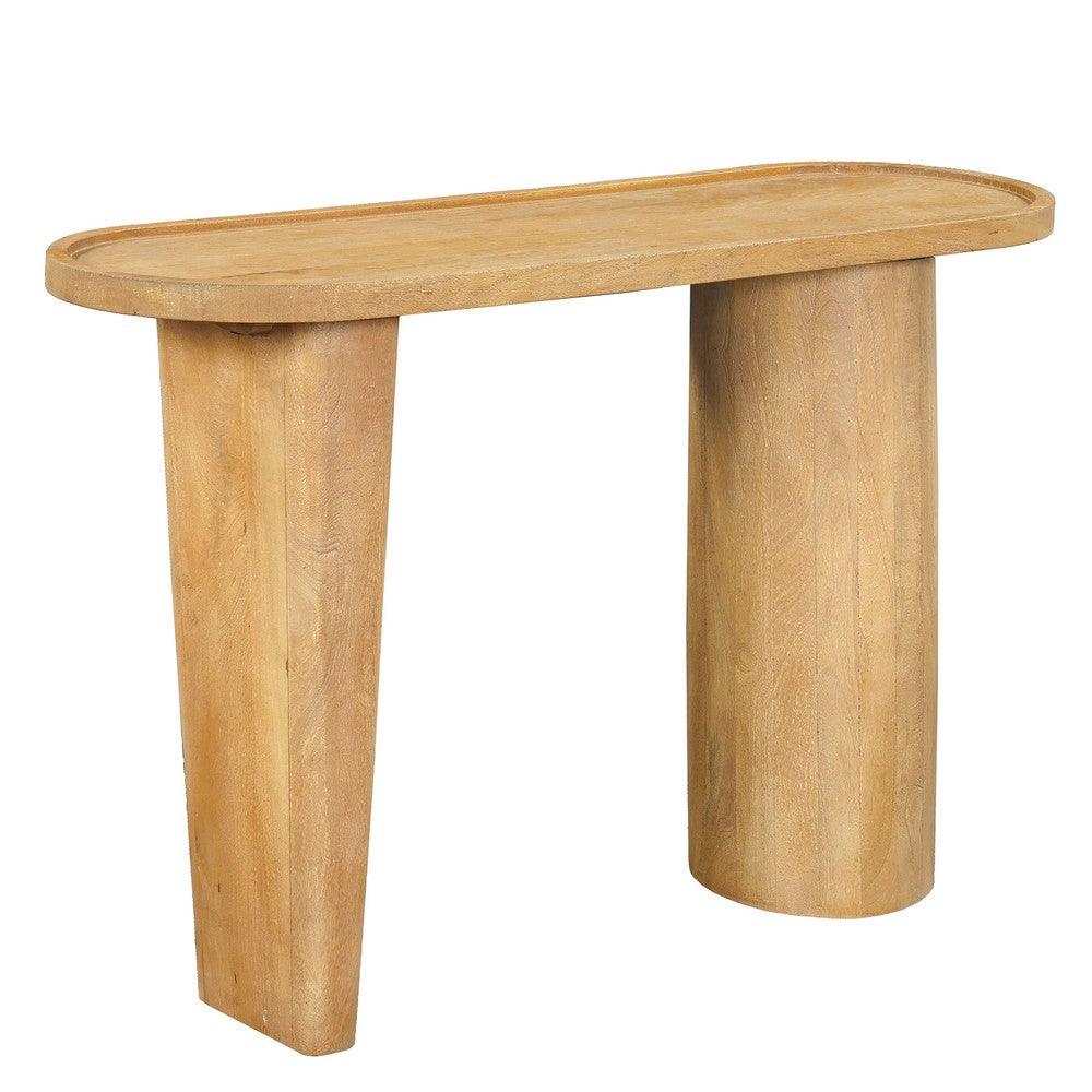 Sofa Console Table, 47 Inch Raised Edge Oval Shape Tray Top, Sandblasted Natural Brown Mango Wood By The Urban Port