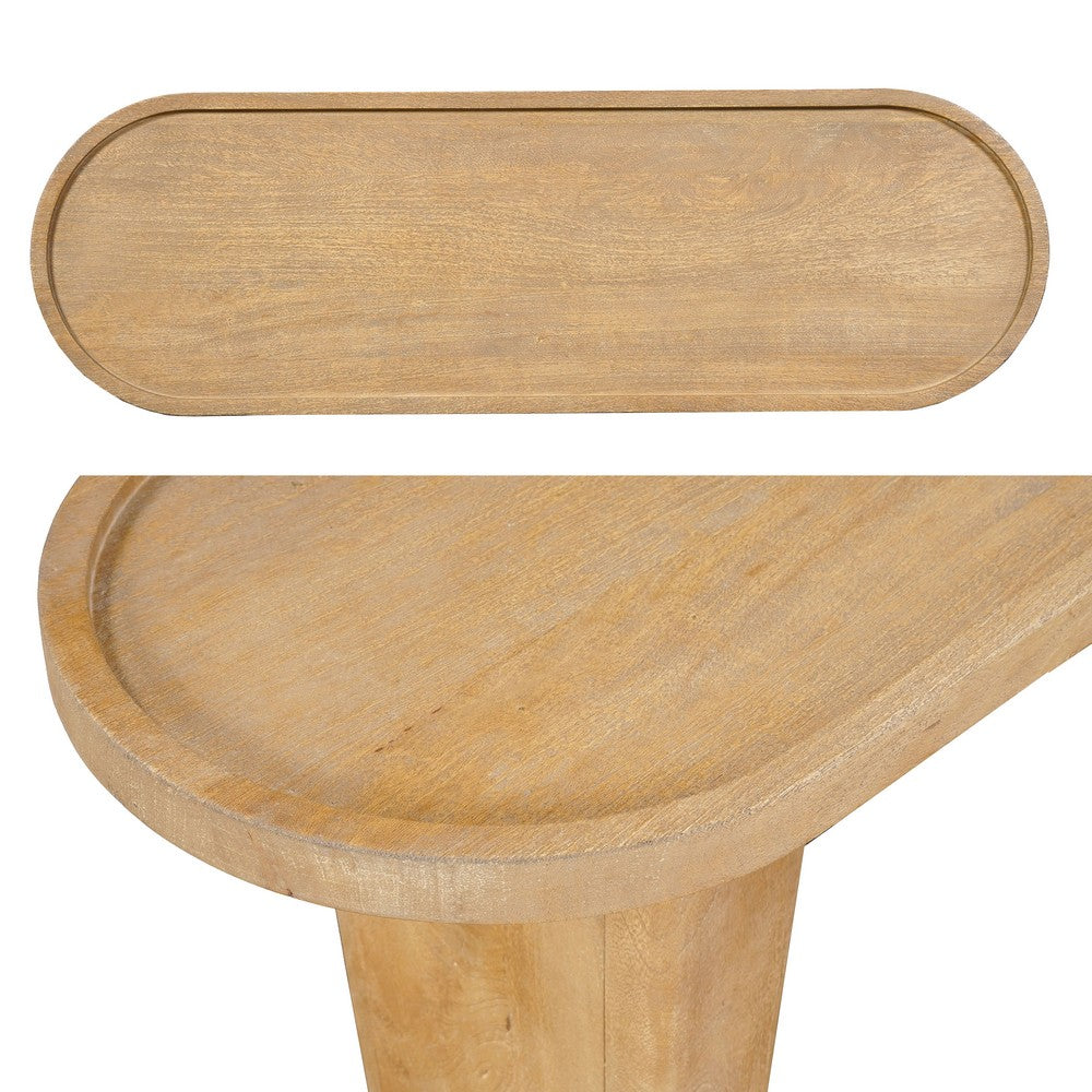 Sofa Console Table, 47 Inch Raised Edge Oval Shape Tray Top, Sandblasted Natural Brown Mango Wood By The Urban Port