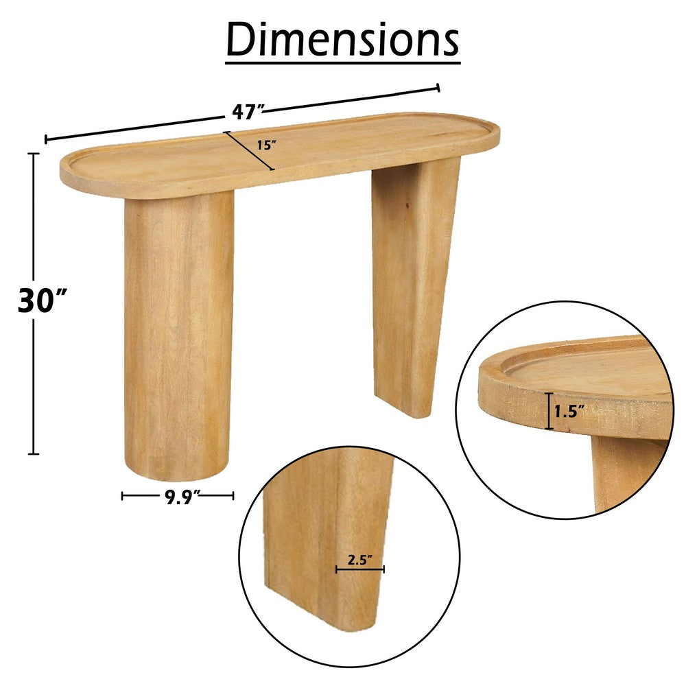 Sofa Console Table, 47 Inch Raised Edge Oval Shape Tray Top, Sandblasted Natural Brown Mango Wood By The Urban Port