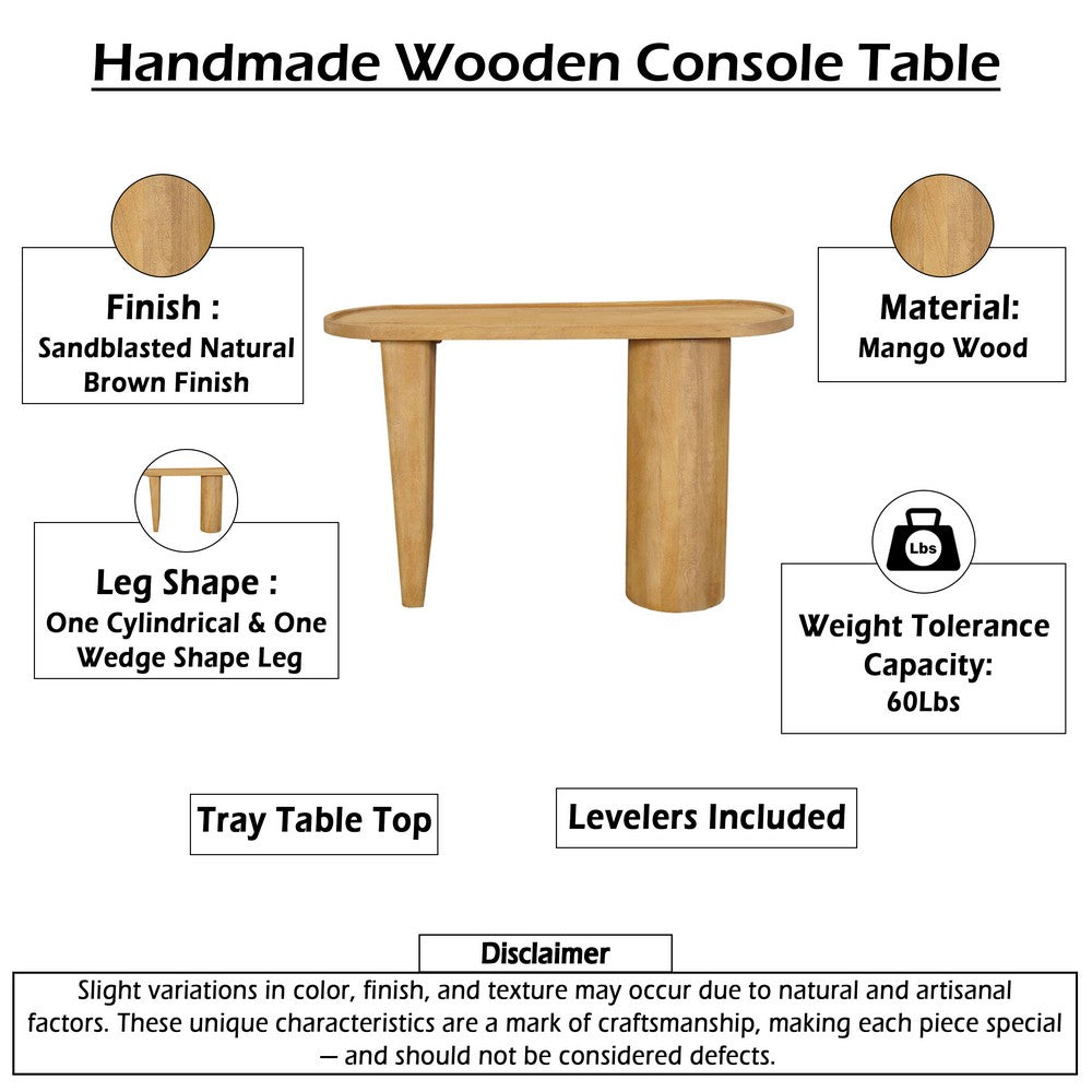 Sofa Console Table, 47 Inch Raised Edge Oval Shape Tray Top, Sandblasted Natural Brown Mango Wood By The Urban Port