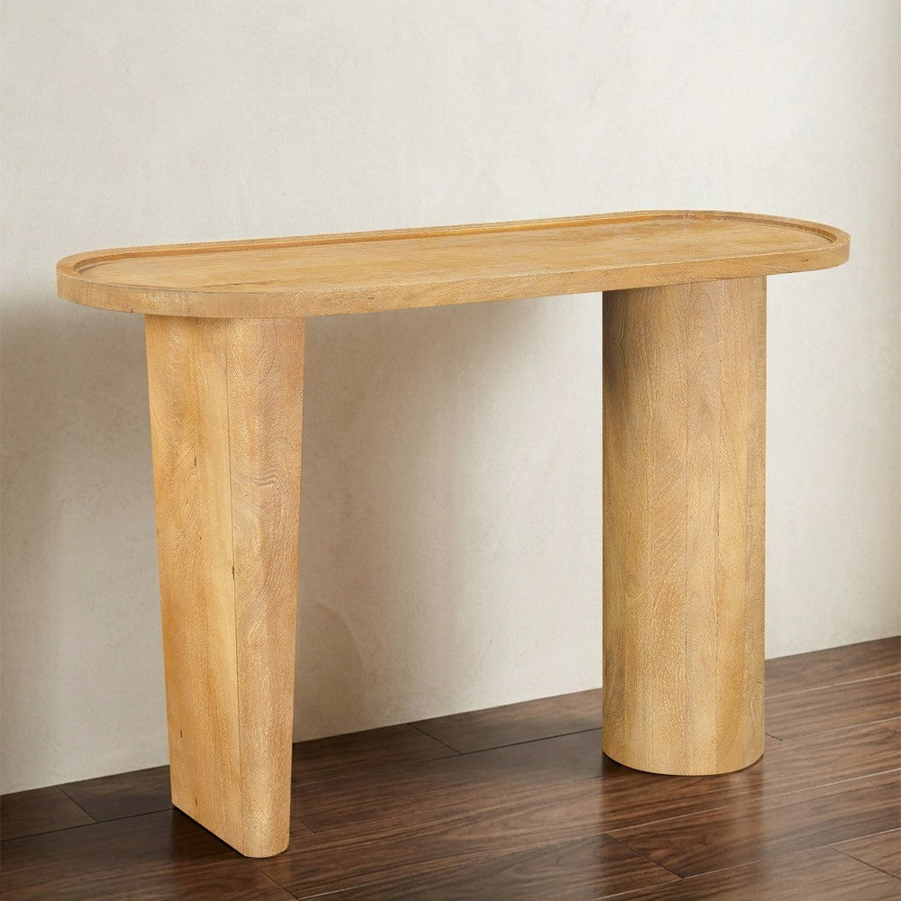Sofa Console Table, 47 Inch Raised Edge Oval Shape Tray Top, Sandblasted Natural Brown Mango Wood By The Urban Port