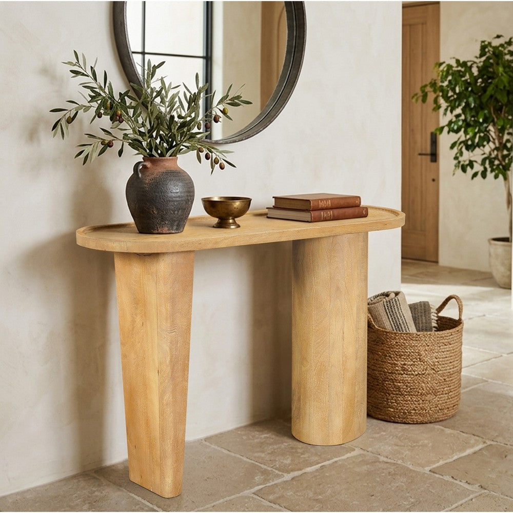 Sofa Console Table, 47 Inch Raised Edge Oval Shape Tray Top, Sandblasted Natural Brown Mango Wood By The Urban Port