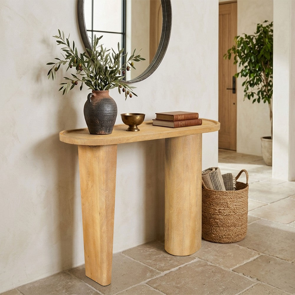 Sofa Console Table, 47 Inch Raised Edge Oval Shape Tray Top, Sandblasted Natural Brown Mango Wood By The Urban Port