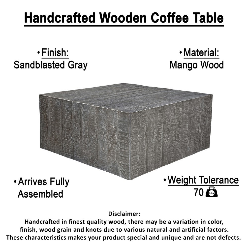 Rydan Coffee Table | 33 Inch Square Block Top | Sandblasted Gray Mango Wood  By The Urban Port