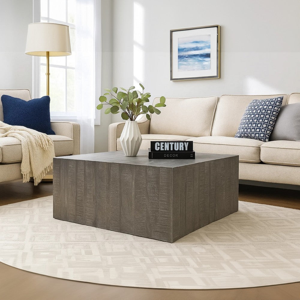 Rydan Coffee Table | 33 Inch Square Block Top | Sandblasted Gray Mango Wood  By The Urban Port