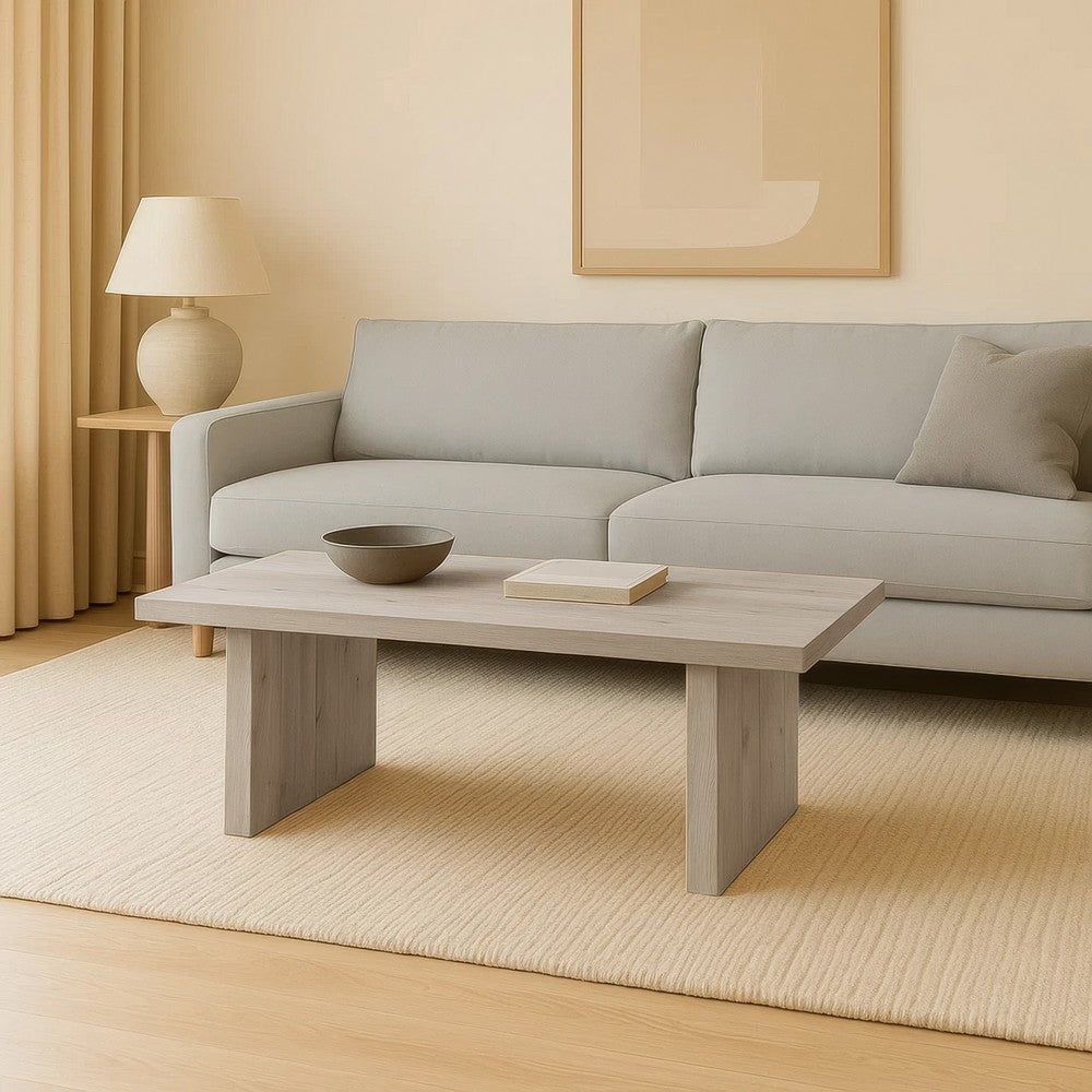 Nira Coffee Table | 48 Inch Rectangular Top | Handcrafted Washed White Acacia Wood | Panel Leg Base By The Urban Port UPT-332353