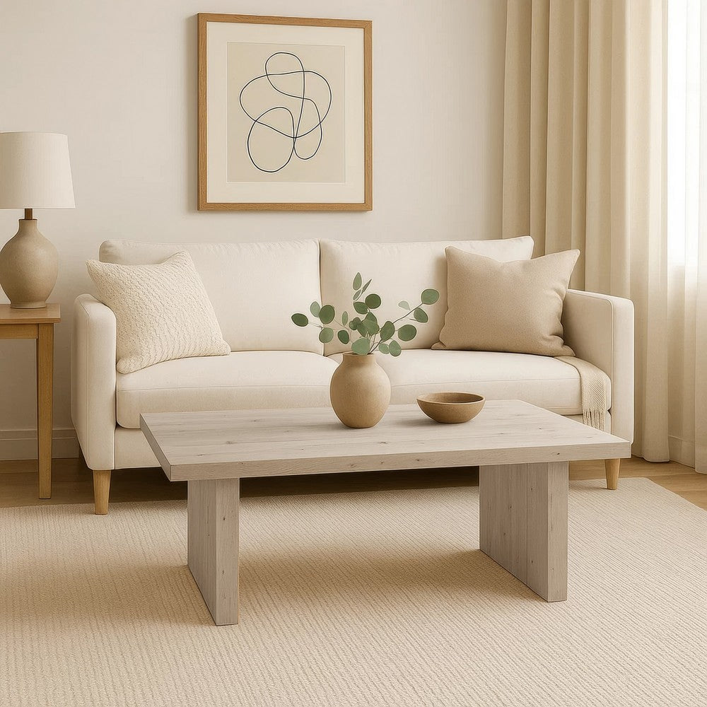 Nira Coffee Table | 48 Inch Rectangular Top | Handcrafted Washed White Acacia Wood | Panel Leg Base By The Urban Port UPT-332353