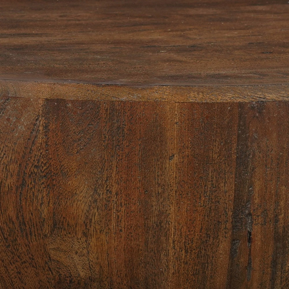 Arthur Coffee Table | 35.5" Round Top | Drum Shaped Sandblasted Walnut Brown Mango Wood By The Urban Port