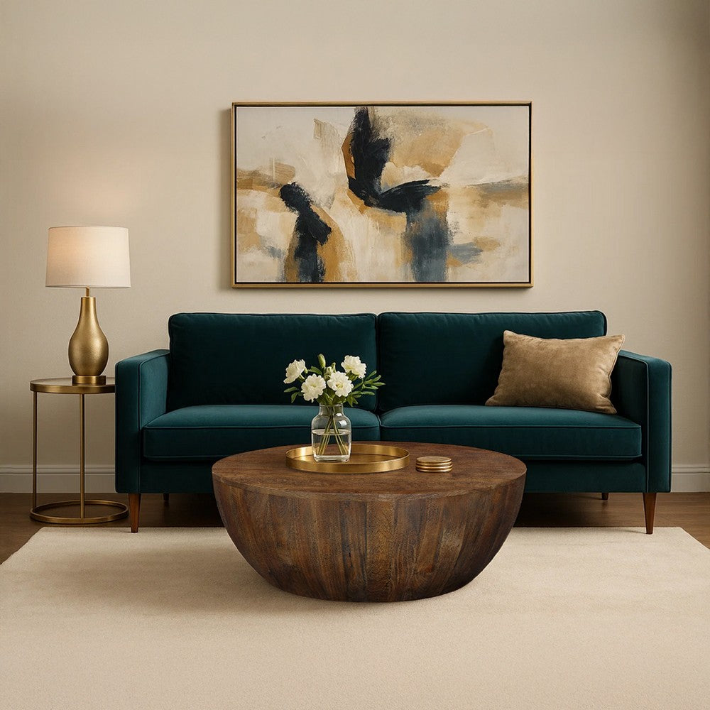 Arthur Coffee Table | 35.5" Round Top | Drum Shaped Sandblasted Walnut Brown Mango Wood By The Urban Port