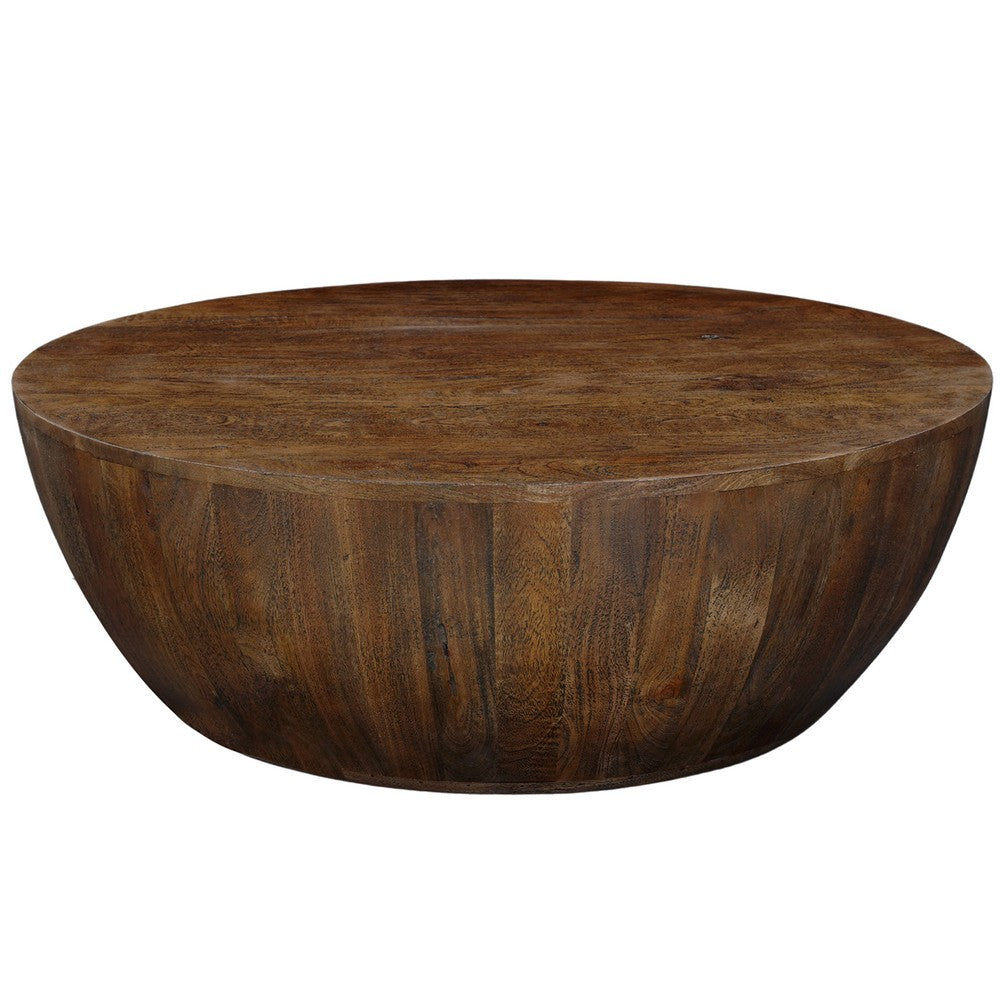 Arthur Coffee Table | 35.5" Round Top | Drum Shaped Sandblasted Walnut Brown Mango Wood By The Urban Port