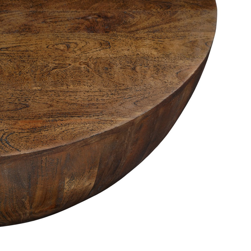 Arthur Coffee Table | 35.5" Round Top | Drum Shaped Sandblasted Walnut Brown Mango Wood By The Urban Port