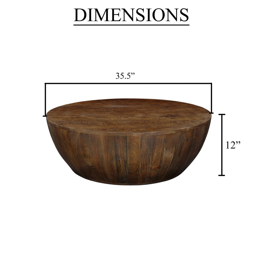 Arthur Coffee Table | 35.5" Round Top | Drum Shaped Sandblasted Walnut Brown Mango Wood By The Urban Port