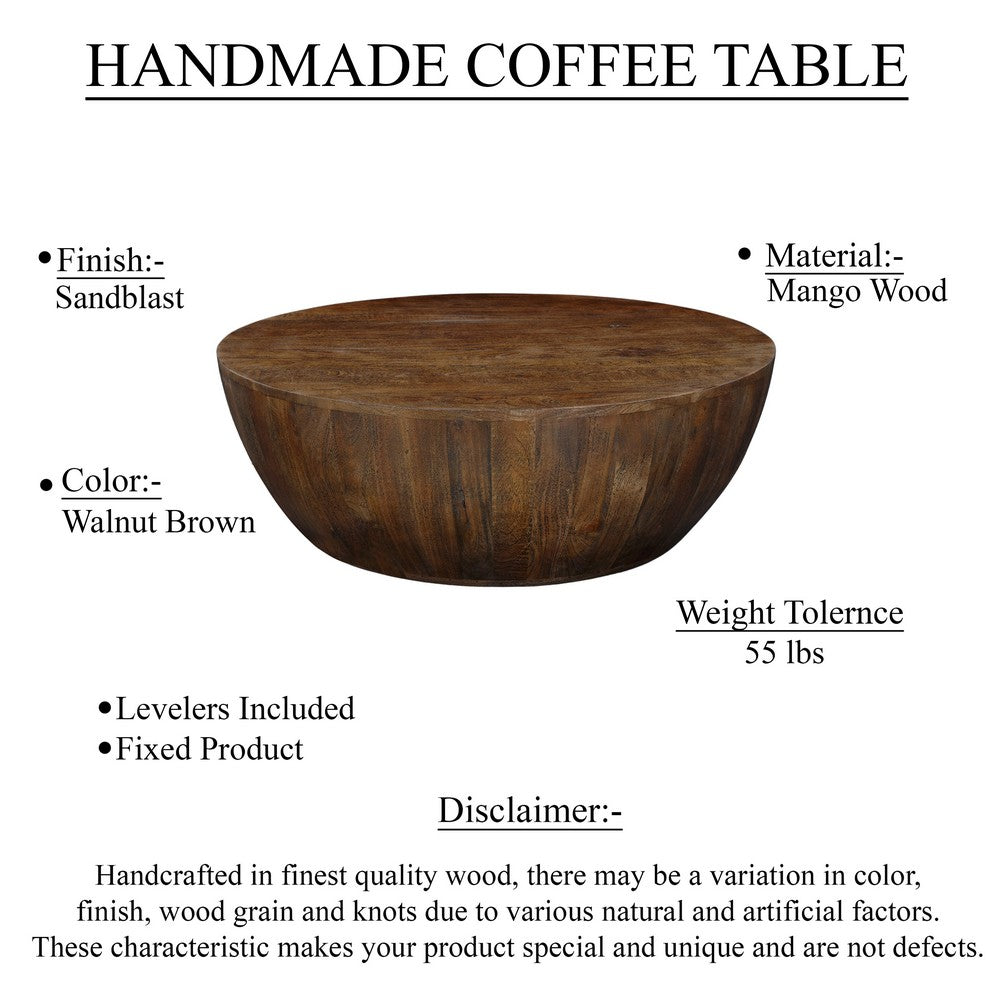 Arthur Coffee Table | 35.5" Round Top | Drum Shaped Sandblasted Walnut Brown Mango Wood By The Urban Port