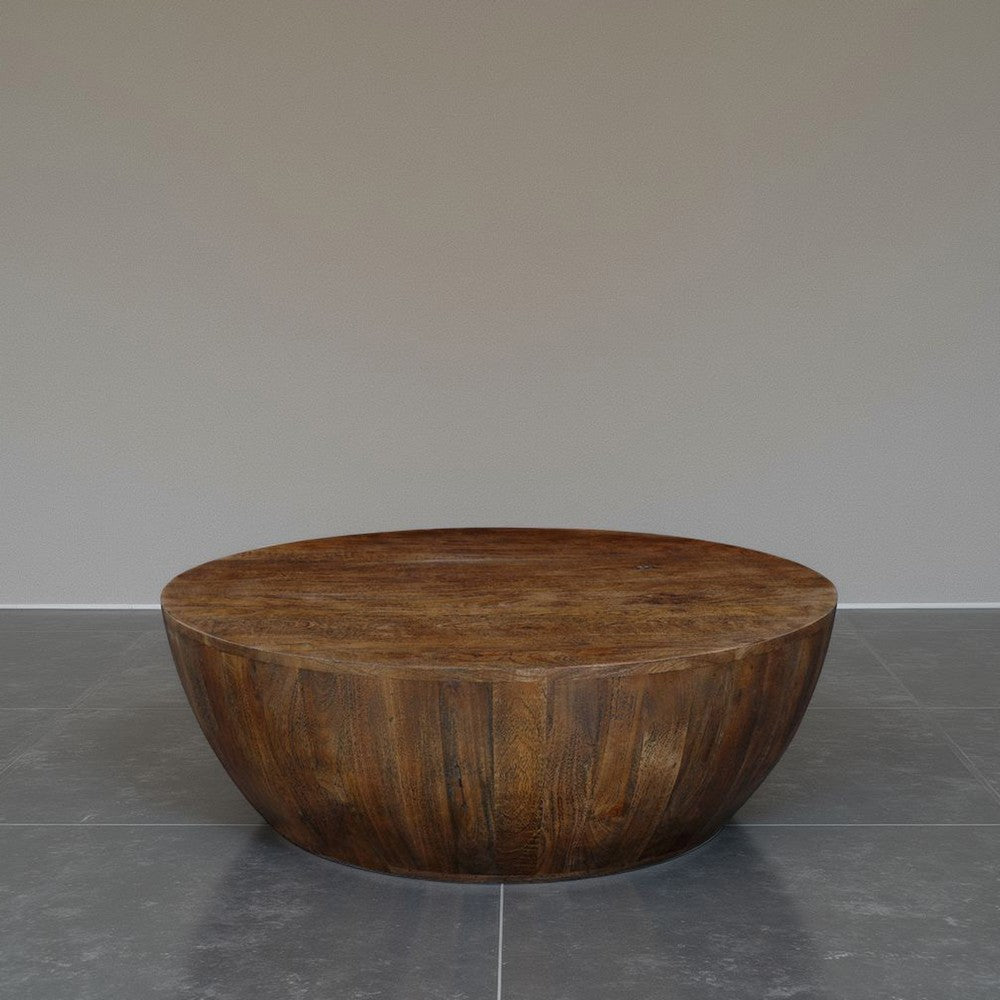 Arthur Coffee Table | 35.5" Round Top | Drum Shaped Sandblasted Walnut Brown Mango Wood By The Urban Port