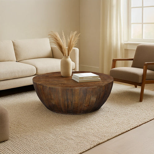 Arthur Coffee Table | 35.5" Round Top | Drum Shaped Sandblasted Walnut Brown Mango Wood By The Urban Port
