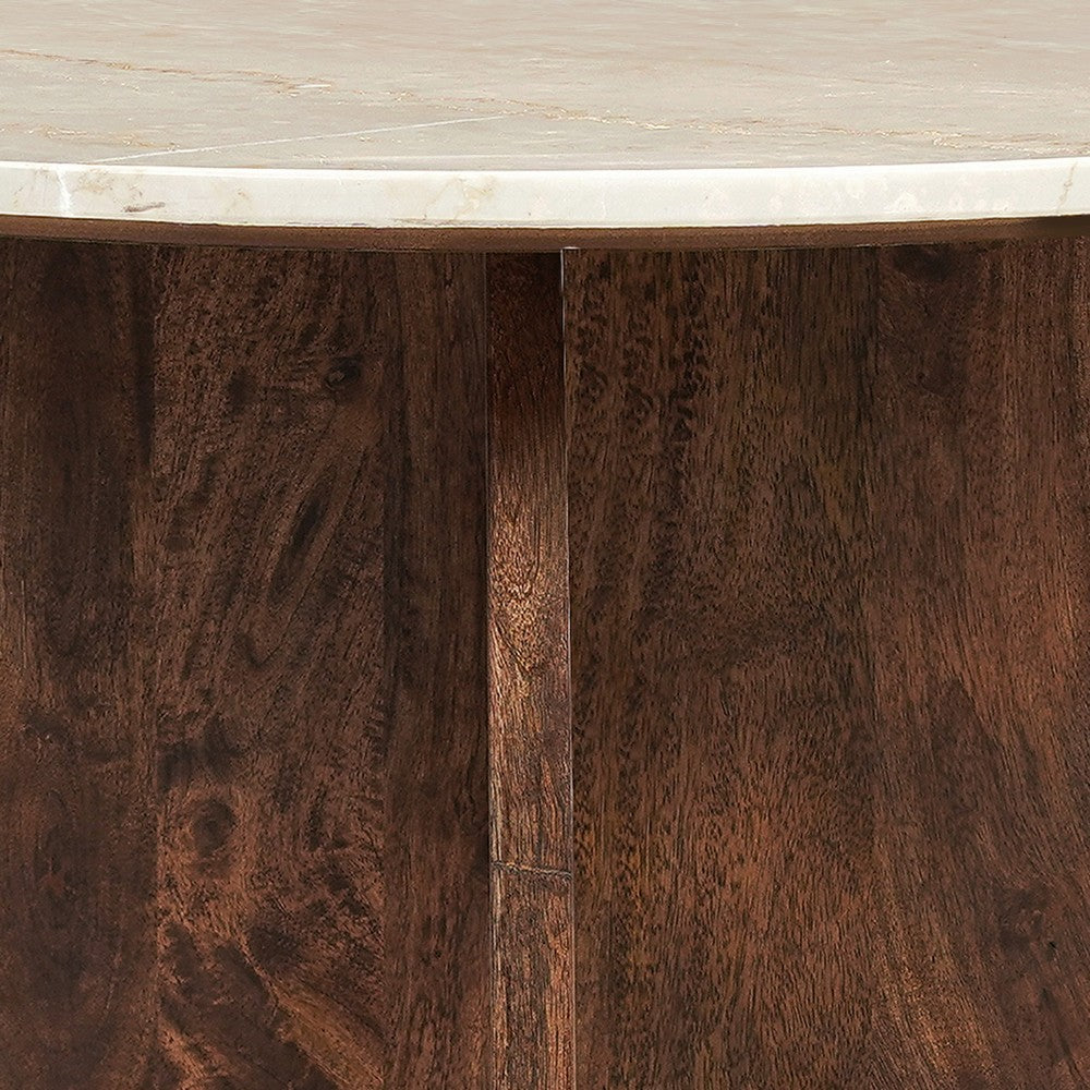Kali Coffee Table | 27" Natural Round Marble Tabletop | Dark Brown Mango Wood Sculptural Base By The Urban Port