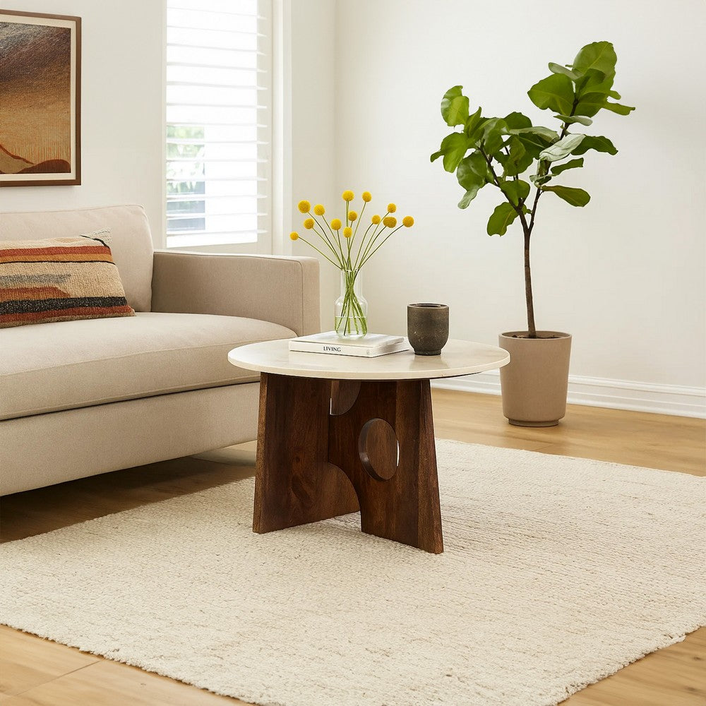 Kali Coffee Table | 27" Natural Round Marble Tabletop | Dark Brown Mango Wood Sculptural Base By The Urban Port