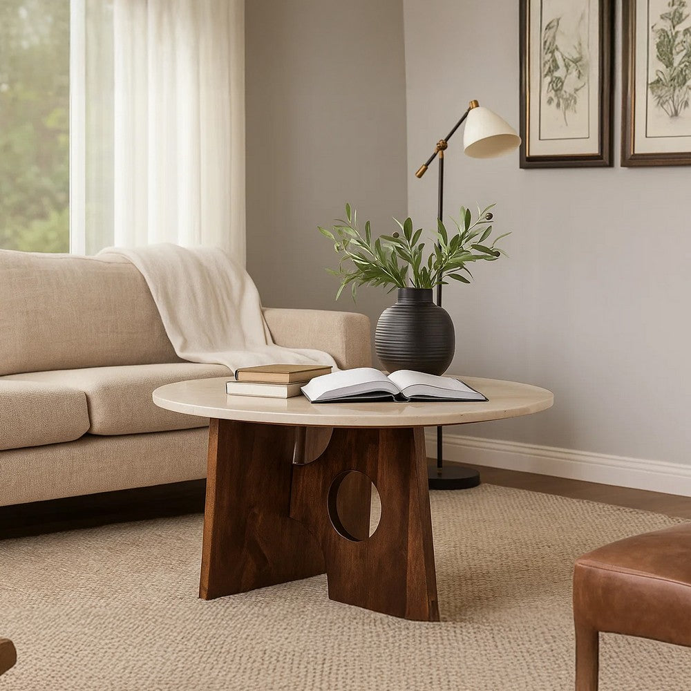 Kali Coffee Table | 27" Natural Round Marble Tabletop | Dark Brown Mango Wood Sculptural Base By The Urban Port