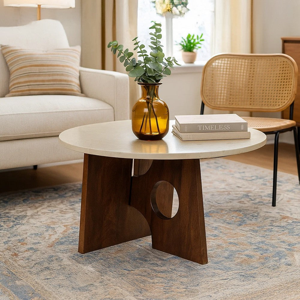 Kali Coffee Table | 27" Natural Round Marble Tabletop | Dark Brown Mango Wood Sculptural Base By The Urban Port