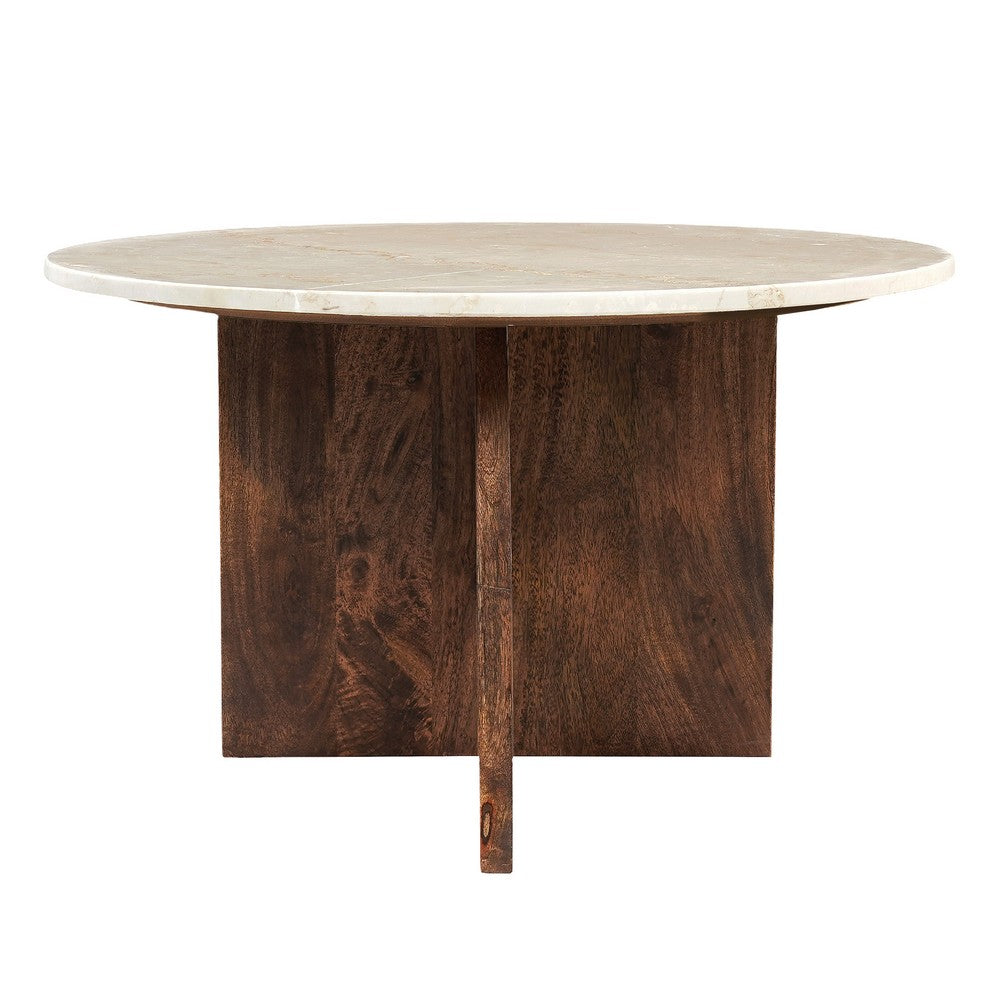 Kali Coffee Table | 27" Natural Round Marble Tabletop | Dark Brown Mango Wood Sculptural Base By The Urban Port