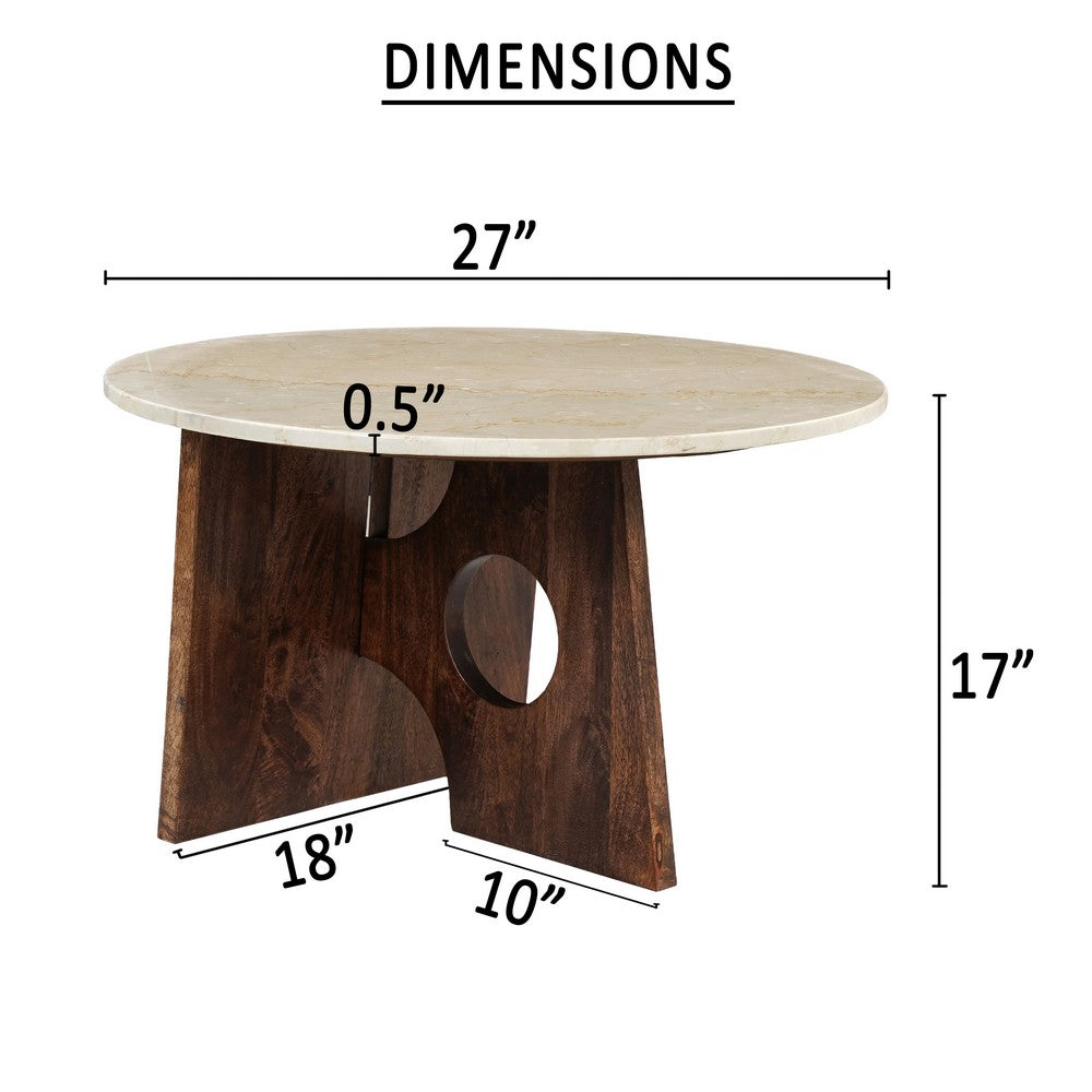 Kali Coffee Table | 27" Natural Round Marble Tabletop | Dark Brown Mango Wood Sculptural Base By The Urban Port
