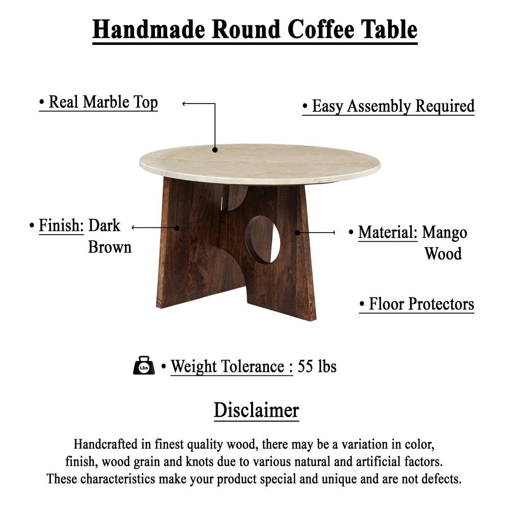 Kali Coffee Table | 27" Natural Round Marble Tabletop | Dark Brown Mango Wood Sculptural Base By The Urban Port