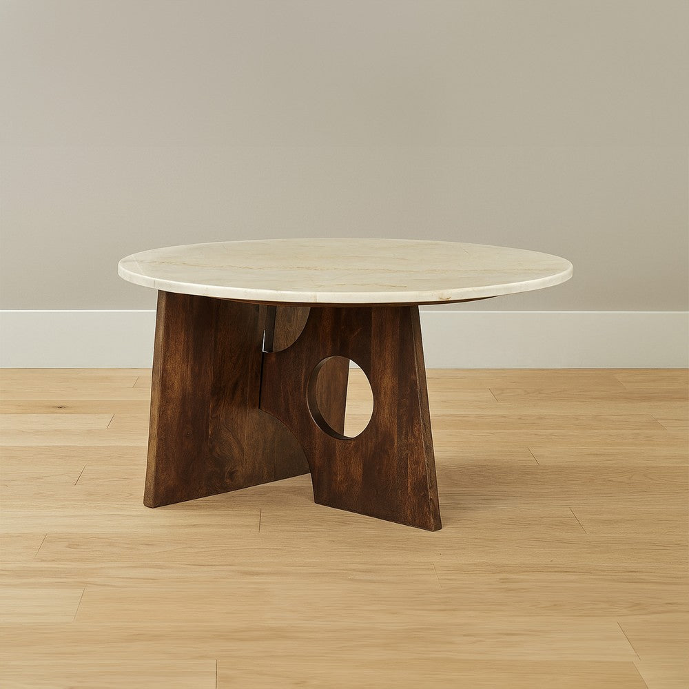 Kali Coffee Table | 27" Natural Round Marble Tabletop | Dark Brown Mango Wood Sculptural Base By The Urban Port