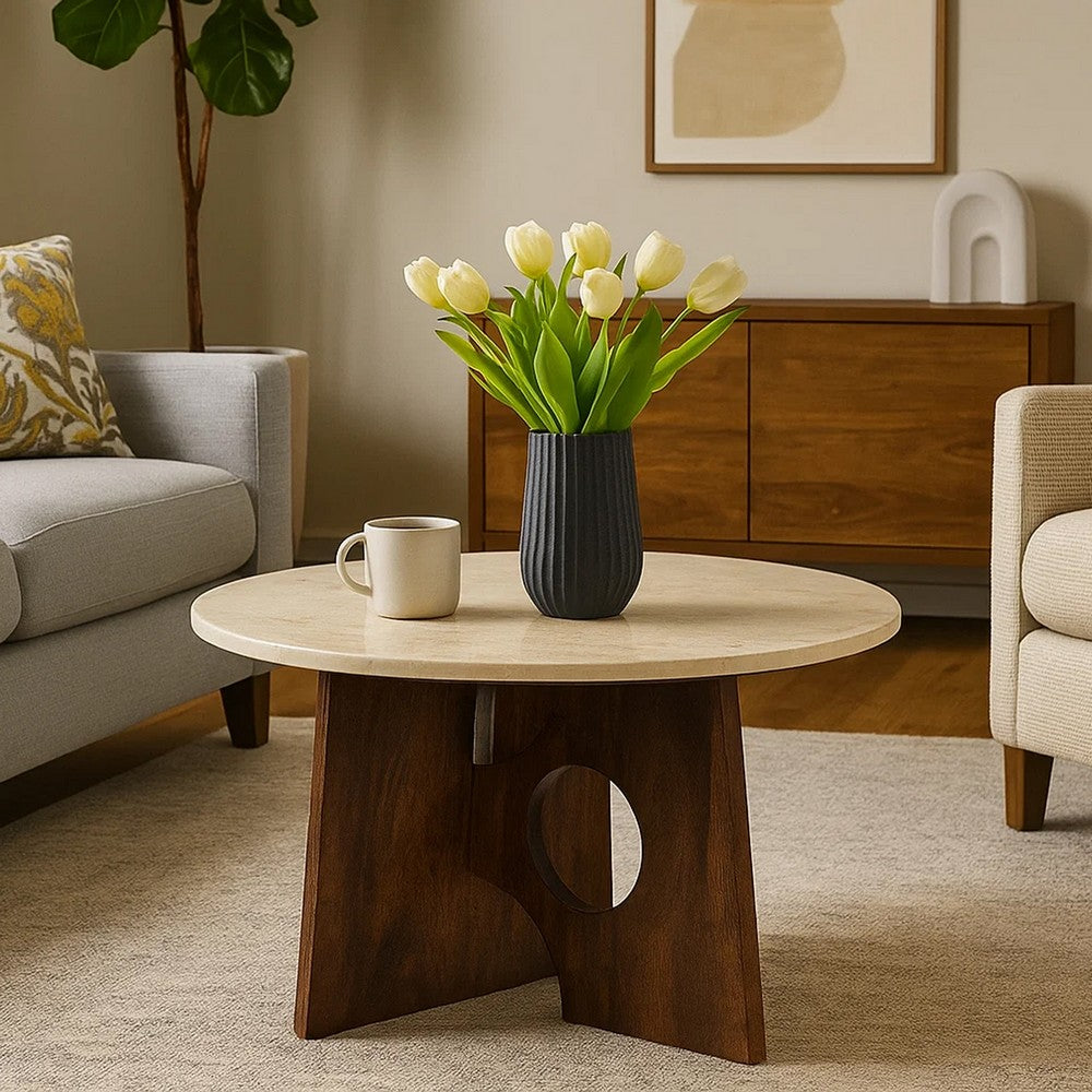 Kali Coffee Table | 27" Natural Round Marble Tabletop | Dark Brown Mango Wood Sculptural Base By The Urban Port