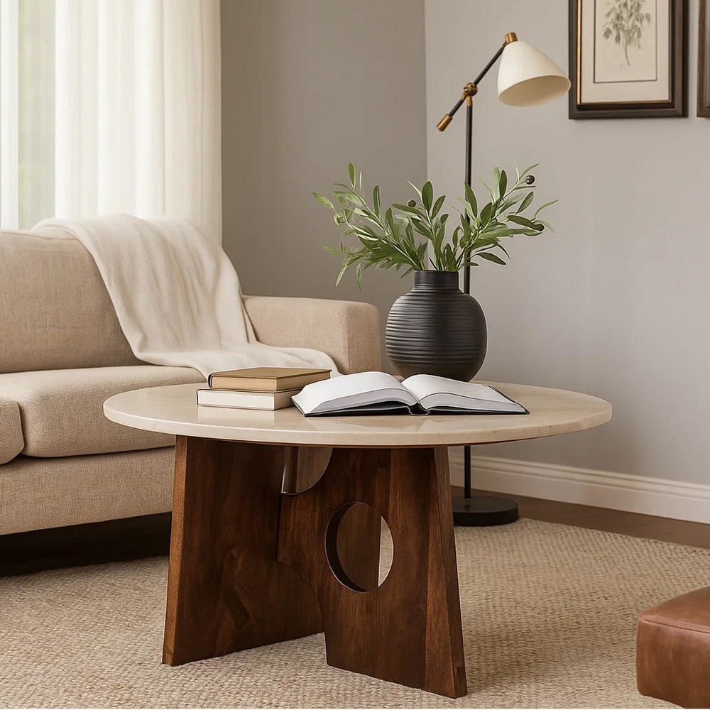 Kali Coffee Table | 27" Natural Round Marble Tabletop | Dark Brown Mango Wood Sculptural Base By The Urban Port