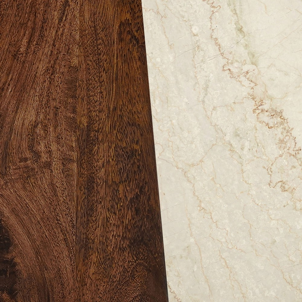 Kali Dining Table | 48" Natural Round Marble Tabletop | Dark Brown Mango Wood Sculptural Pedestal Base By The Urban Port