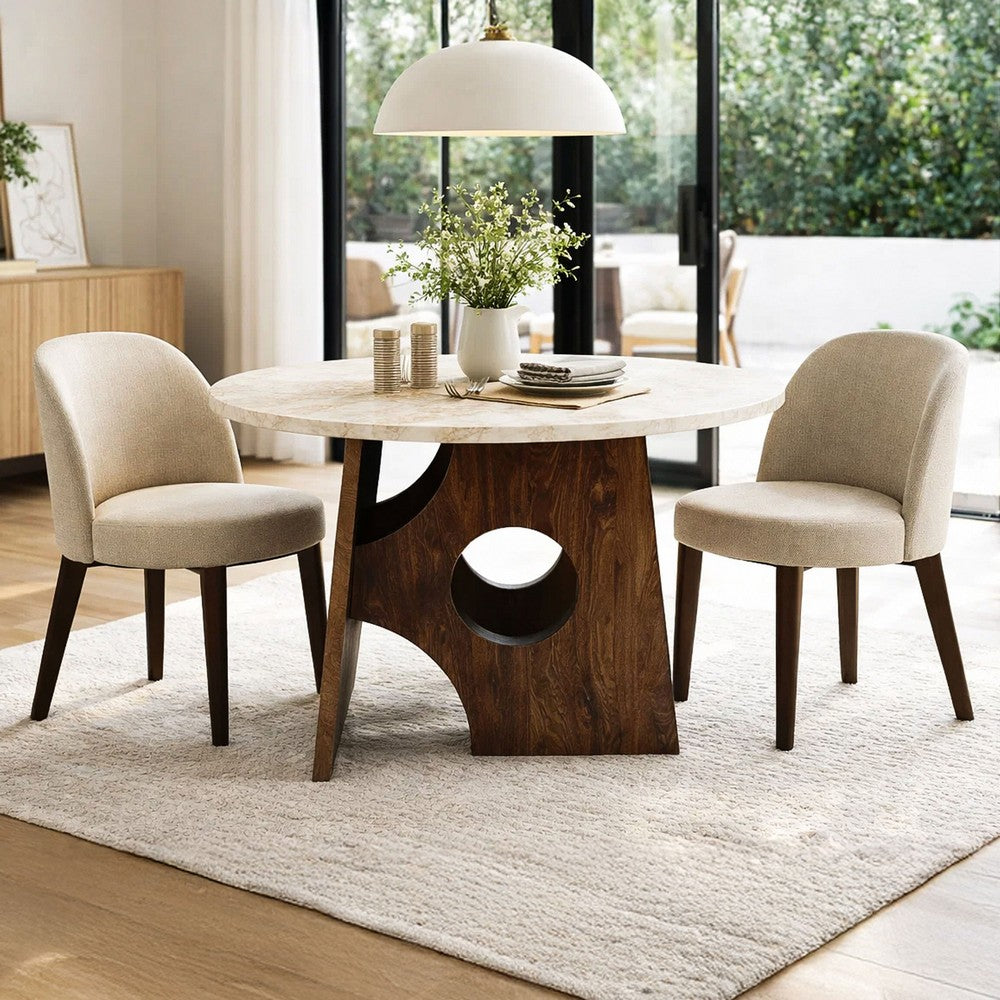 Kali Dining Table | 48" Natural Round Marble Tabletop | Dark Brown Mango Wood Sculptural Pedestal Base By The Urban Port