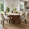Tara Dining Table | 48 Inch Round Botticino Italian White Marble Top | Walnut Brown Artisan Base By The Urban Port