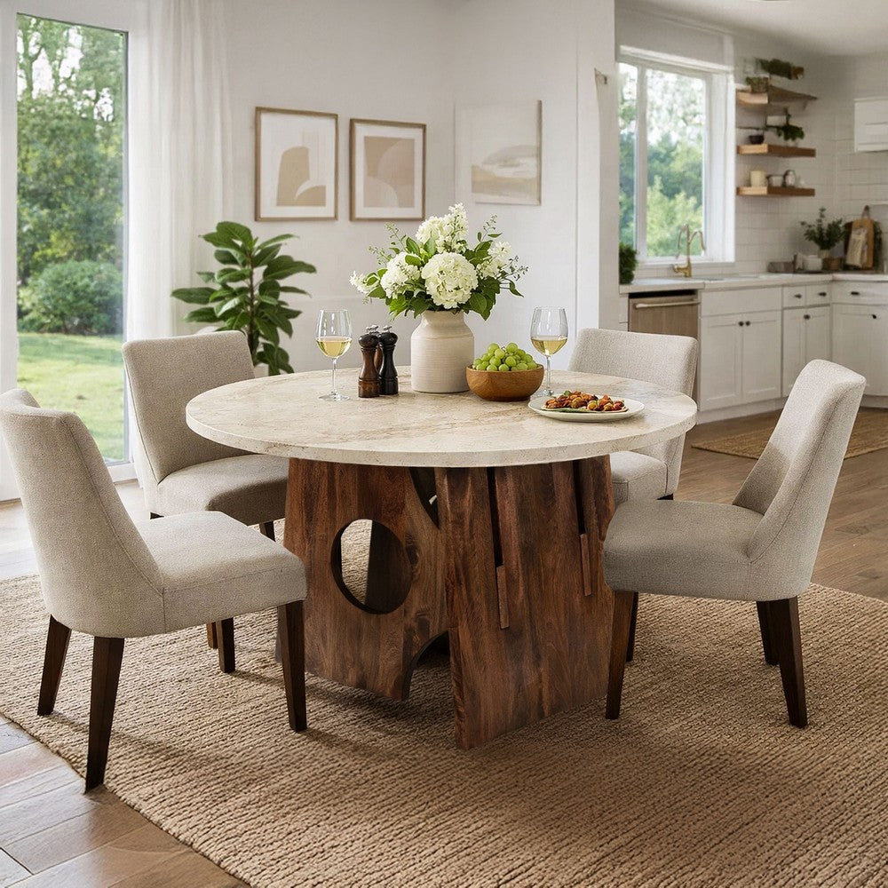 Kali Dining Table | 48" Natural Round Marble Tabletop | Dark Brown Mango Wood Sculptural Pedestal Base By The Urban Port