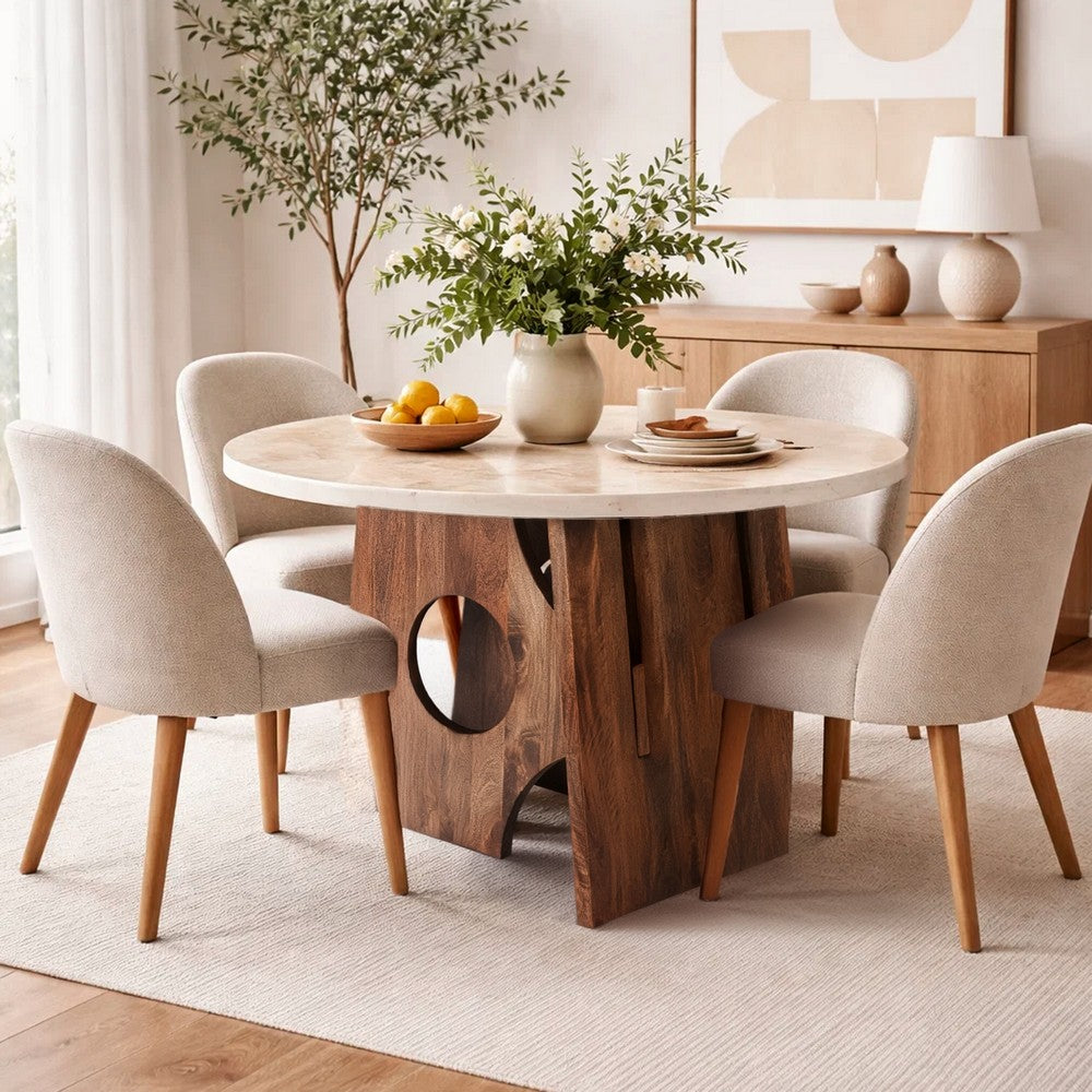 Kali Dining Table | 48" Natural Round Marble Tabletop | Dark Brown Mango Wood Sculptural Pedestal Base By The Urban Port