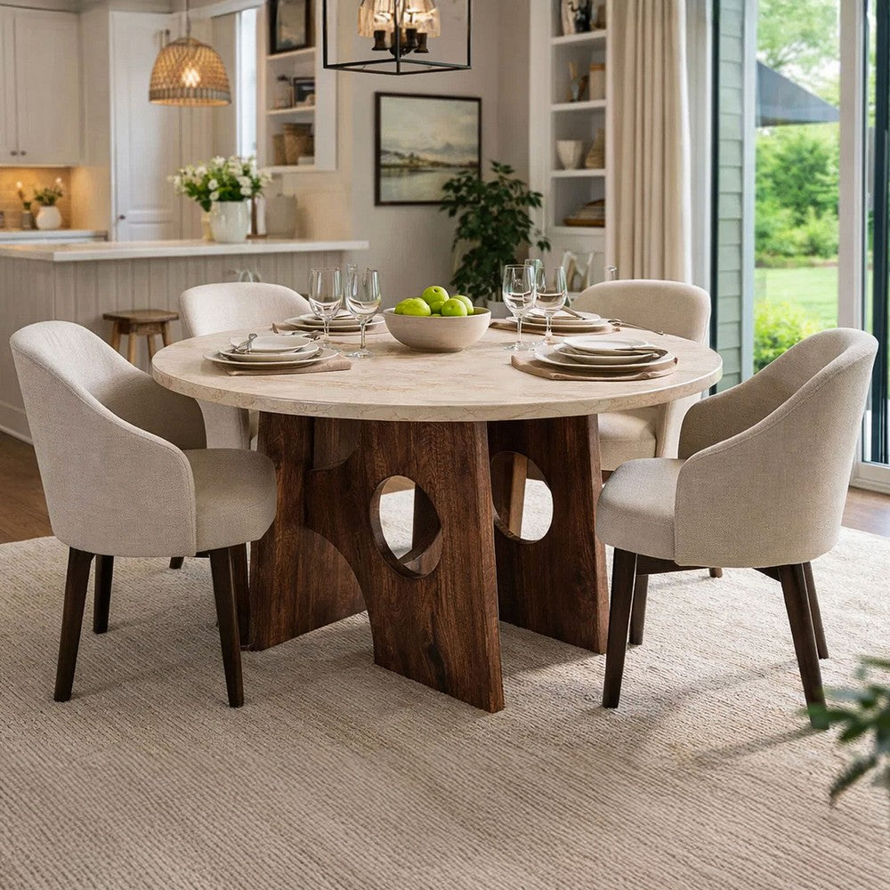 Kali Dining Table | 48" Natural Round Marble Tabletop | Dark Brown Mango Wood Sculptural Pedestal Base By The Urban Port